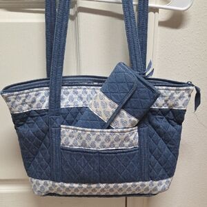 Stylish Blue Quilted Tote Bag with Wallet